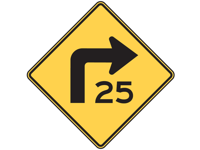 Historical Combined turn and advisory speed sign (W1-1a)